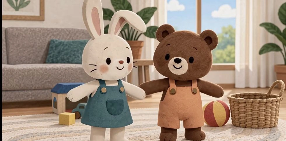 Capture de la vidéo originale : Tili le lapin et Moka l’ours dans leur salon